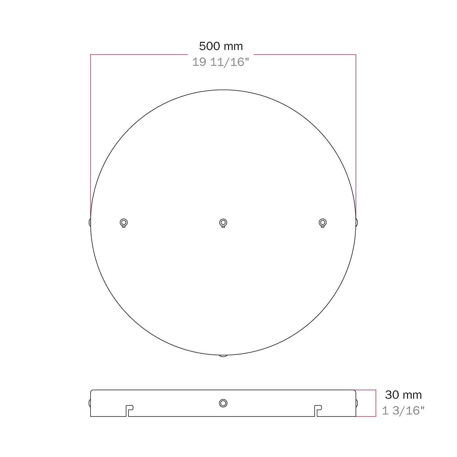 Rosone rotondo in alluminio Ø 50 cm con staffa e cavo di messa a terra, con 3 fori in linea frontali - Bianco Opaco 3