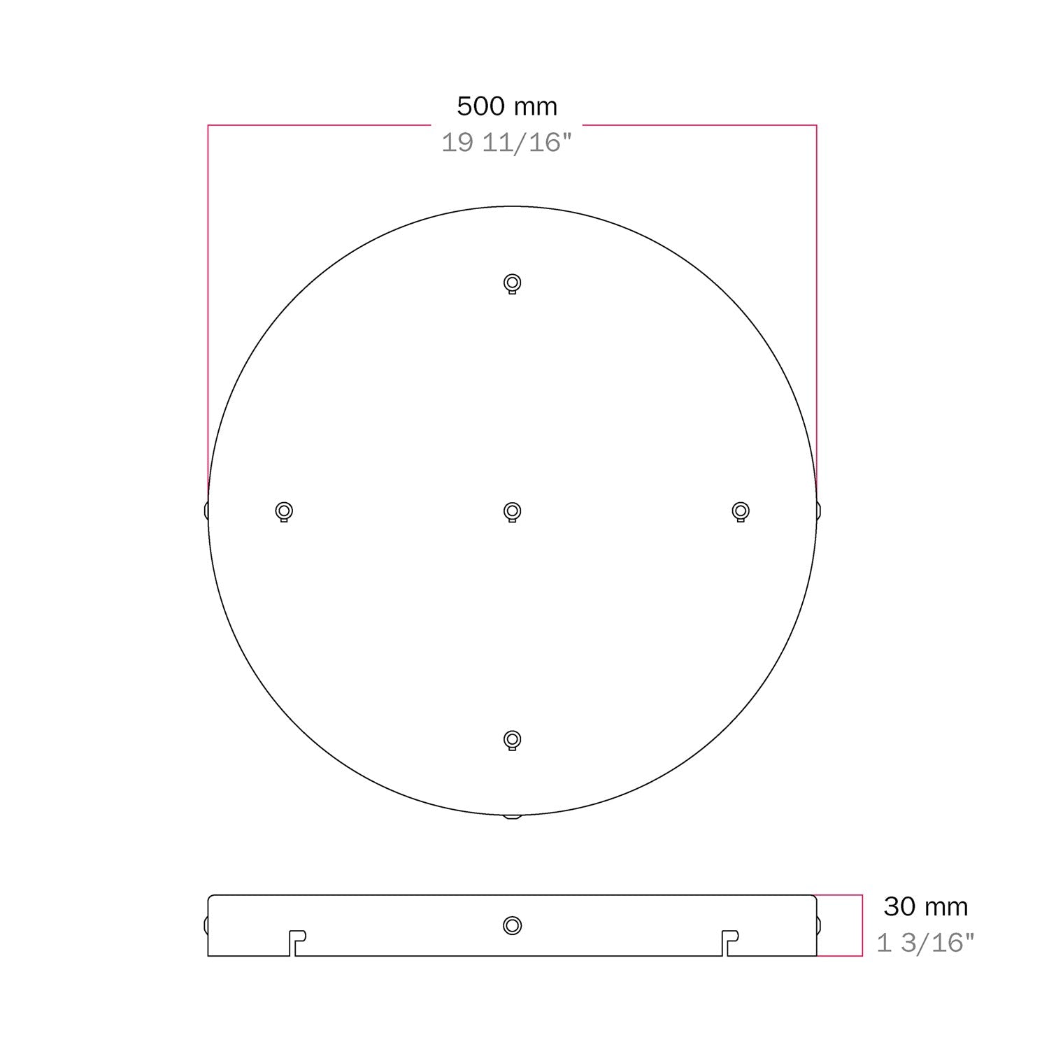 Rosone rotondo in alluminio Ø 50 cm con staffa e cavo di messa a terra, con 5 fori frontali - Bianco Opaco 3