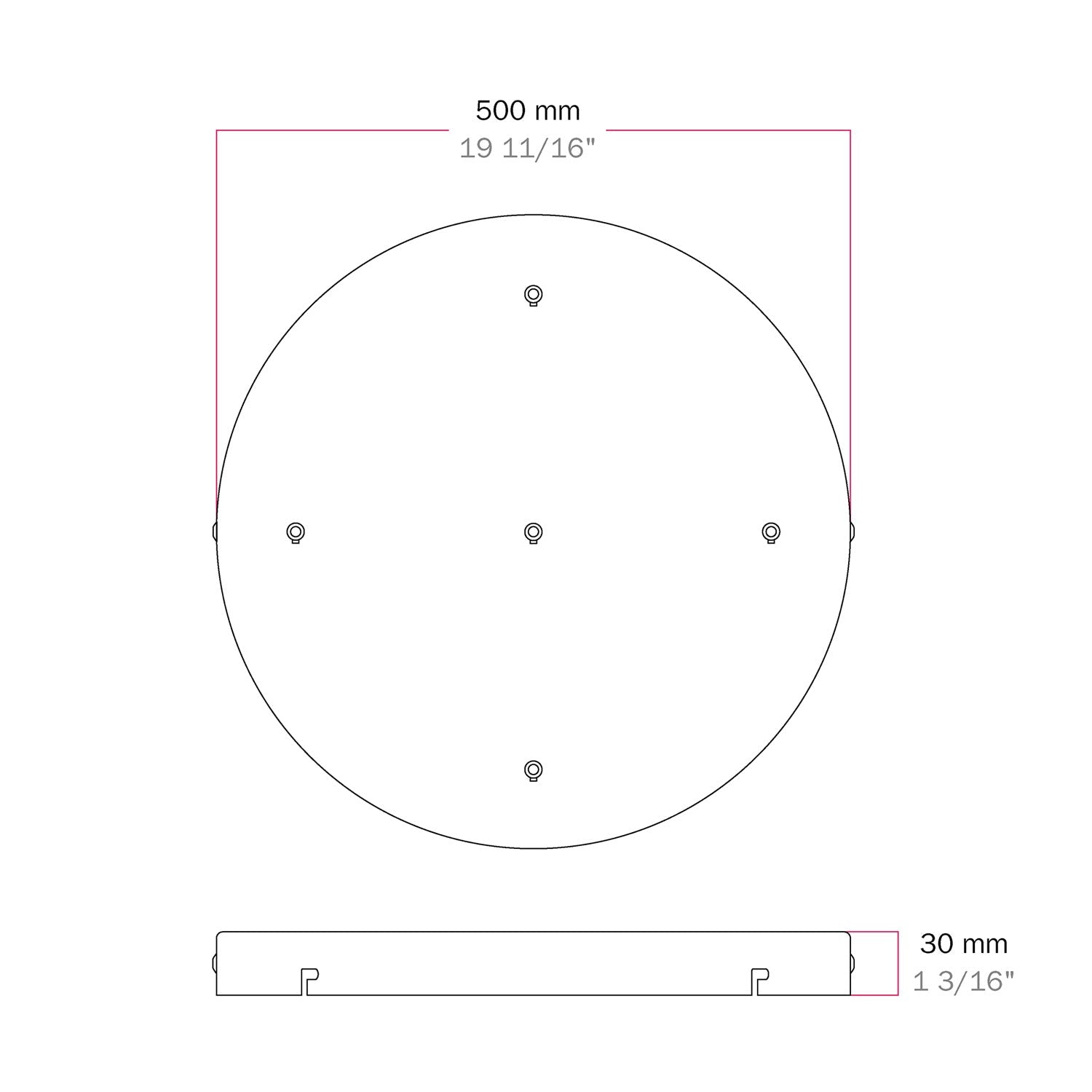 Rosone rotondo in alluminio Ø 50 cm con staffa e cavo di messa a terra, con 5 fori frontali - Bianco Opaco 2