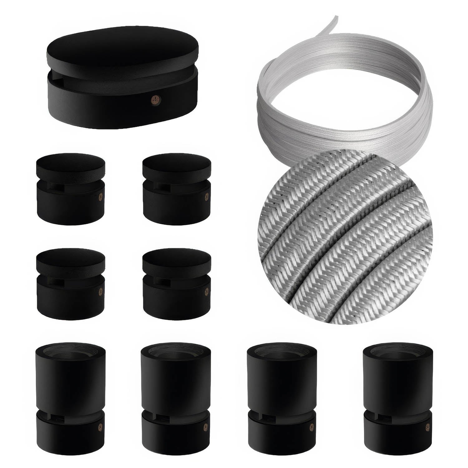 Sistema Filé Symmetric Kit - con cavo CM02 di 5 m per catenaria e 9 componenti in legno verniciato nero per interni - Creative Cables