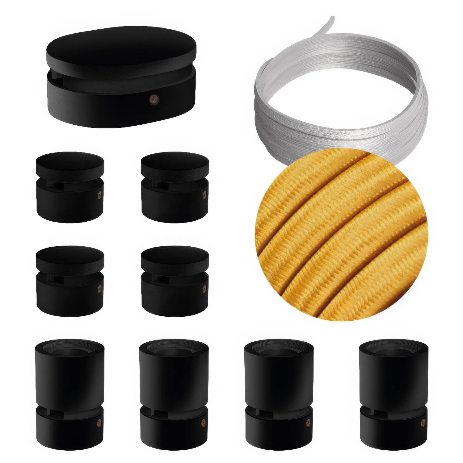 Sistema Filé Symmetric Kit - con cavo CM05 di 5 m per catenaria e 9 componenti in legno verniciato nero per interni - Creative Cables