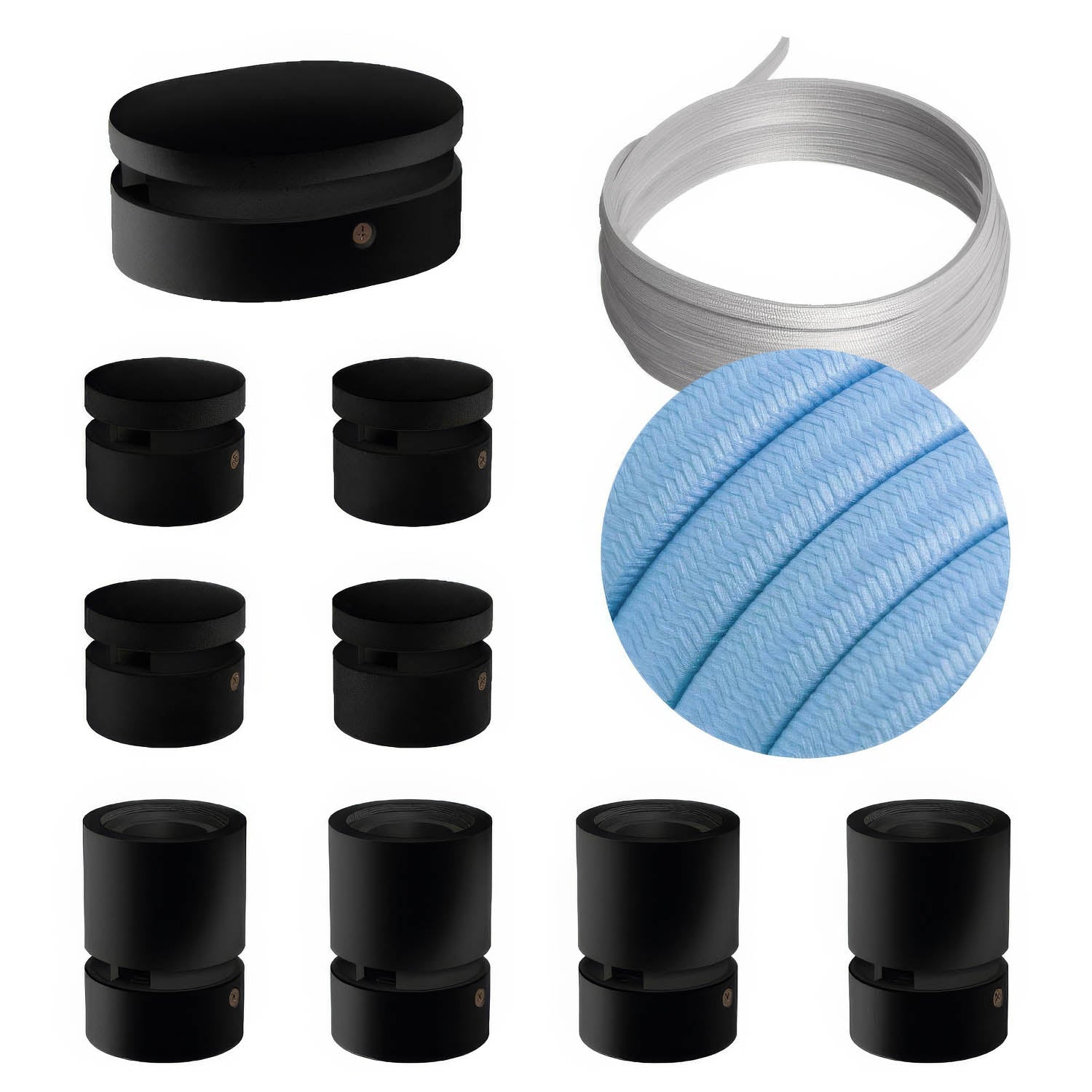 Sistema Filé Symmetric Kit - con cavo CM17 di 5 m per catenaria e 9 componenti in legno verniciato nero per interni - Creative Cables