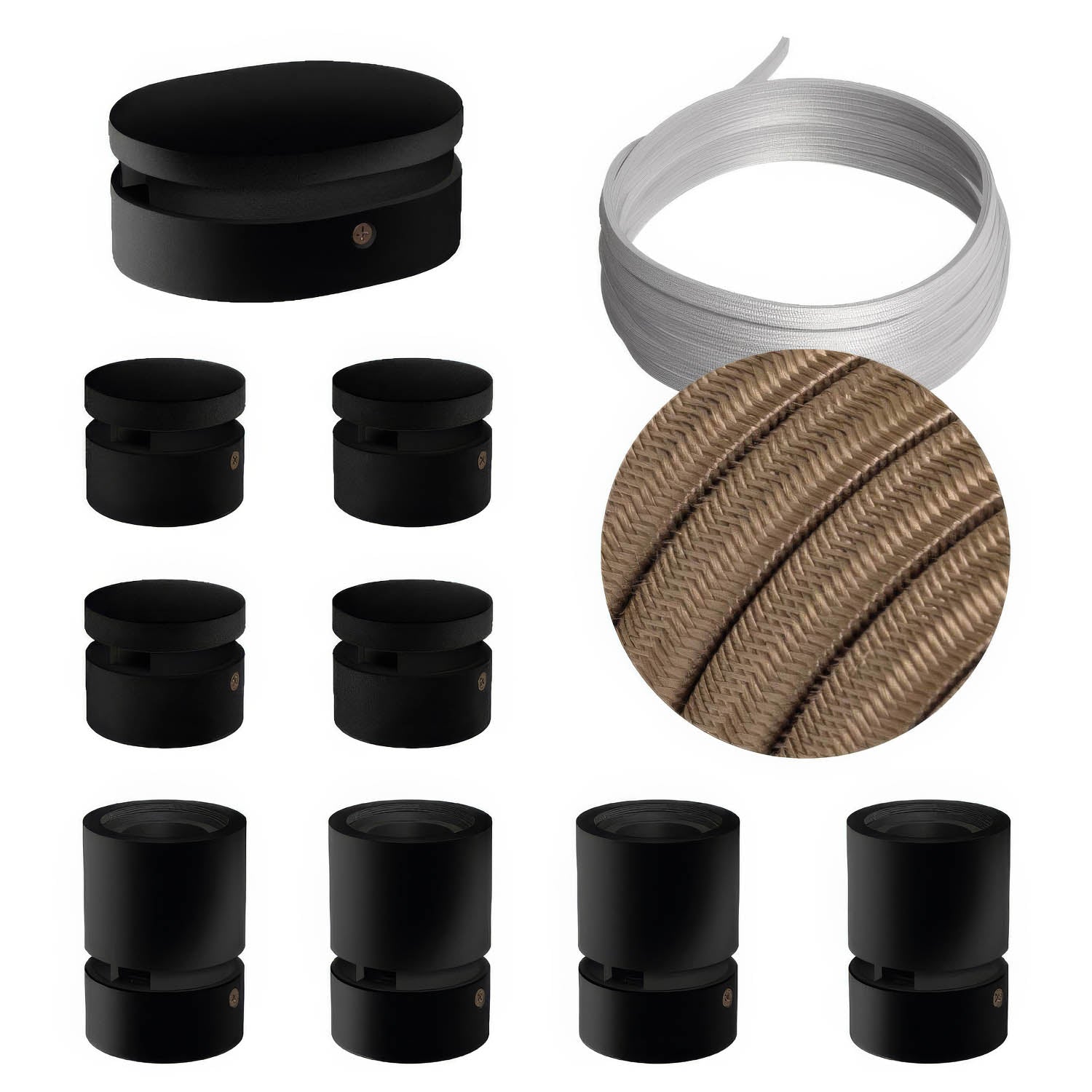 Sistema Filé Symmetric Kit - con cavo CM27 di 5 m per catenaria e 9 componenti in legno verniciato nero per interni - Creative Cables