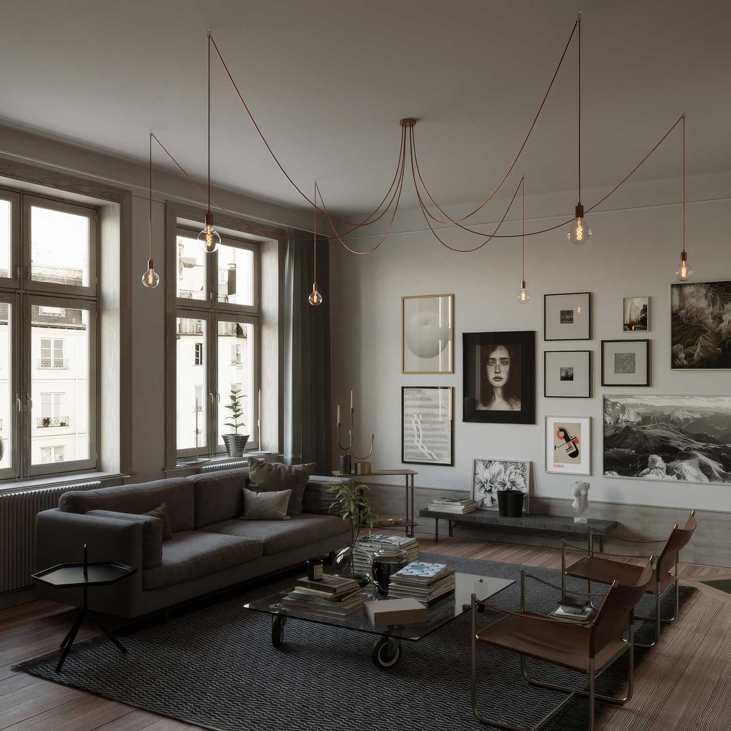 Spider - Lampada a sospensione multipla a 6 cadute con finiture in metallo - Rame