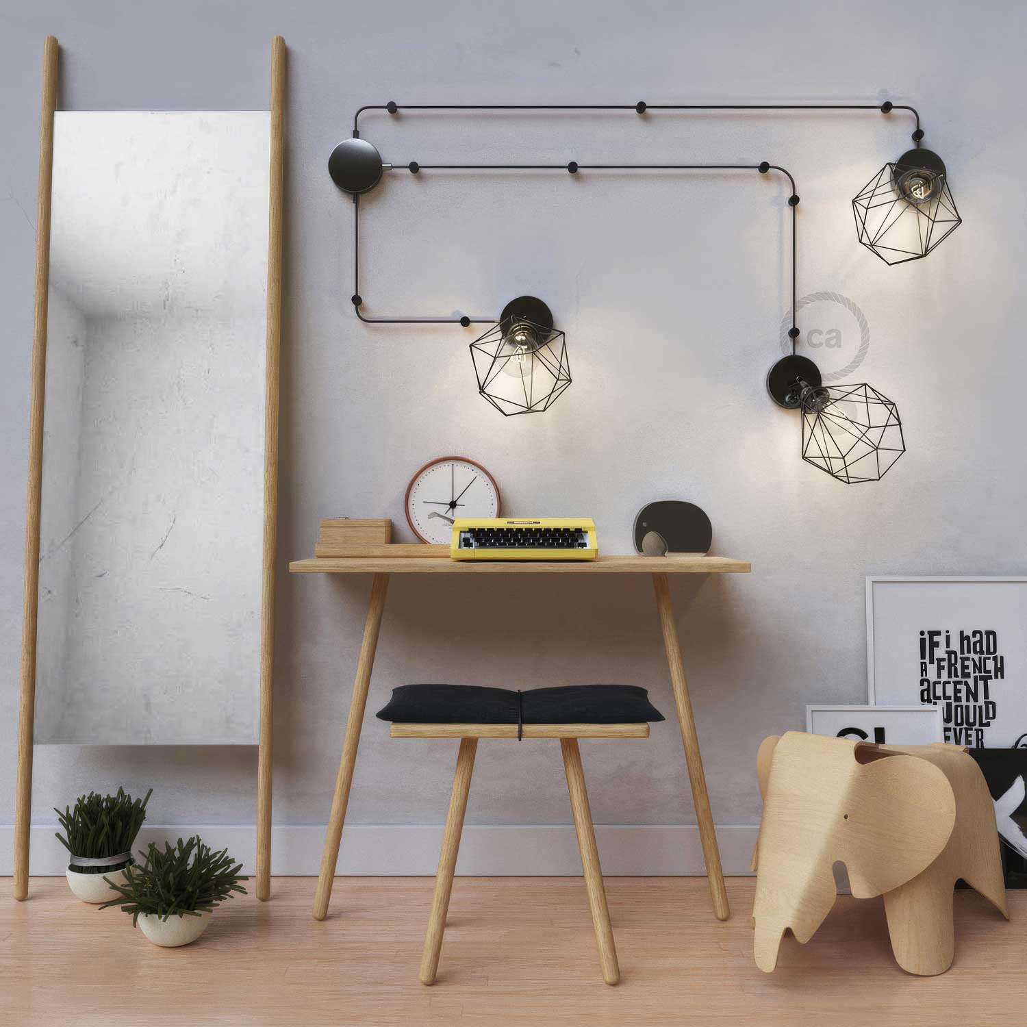 Spostaluce Metallo 90° orientabile, completo di portalampada E27 filettato, cavo tessile e fori laterali - Nero perla